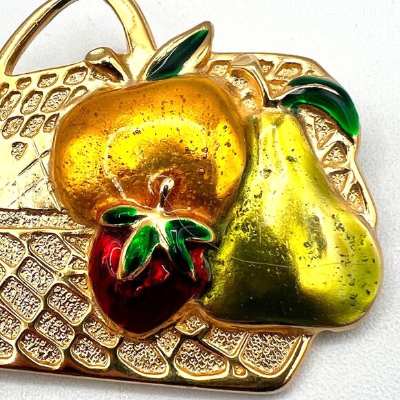 Vtg Gold Tone Picnic Basket Brooch Enamel Fruit Strawberry Pear Summer 2" - Picture 3 of 4
